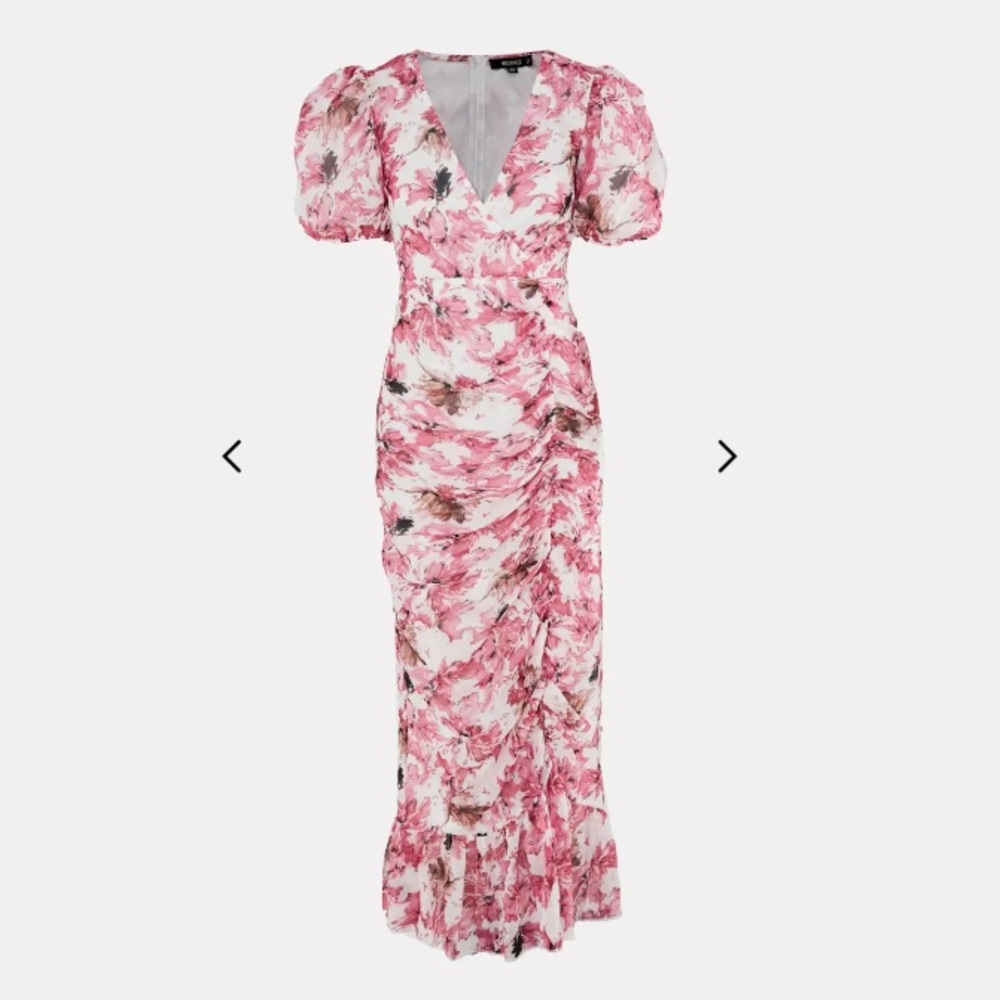 Pink Floral Puff Sleeve Formal Dress